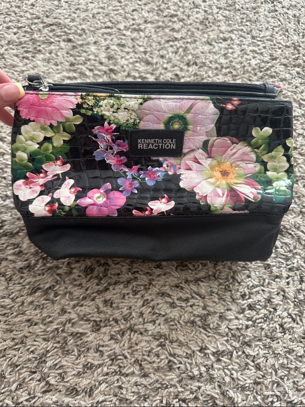 Kenneth Cole Reaction Black Floral Croc-Texture Cosmetic Pouch